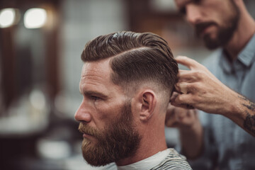 classic haircut being performed in vintage barbershop with old textured wall as backdrop