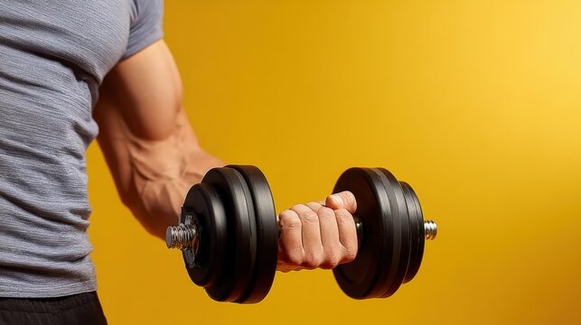 Man lifting a black dumbbell with muscular arm and gray shirt against yellow background.