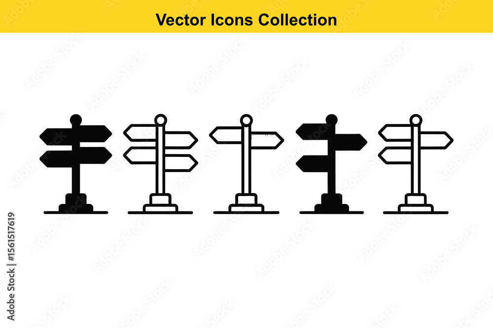 Poster collection of directional signpost icons with different styles and fill