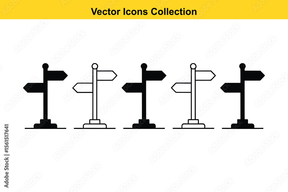 Poster collection of directional signpost icons with different styles and fill