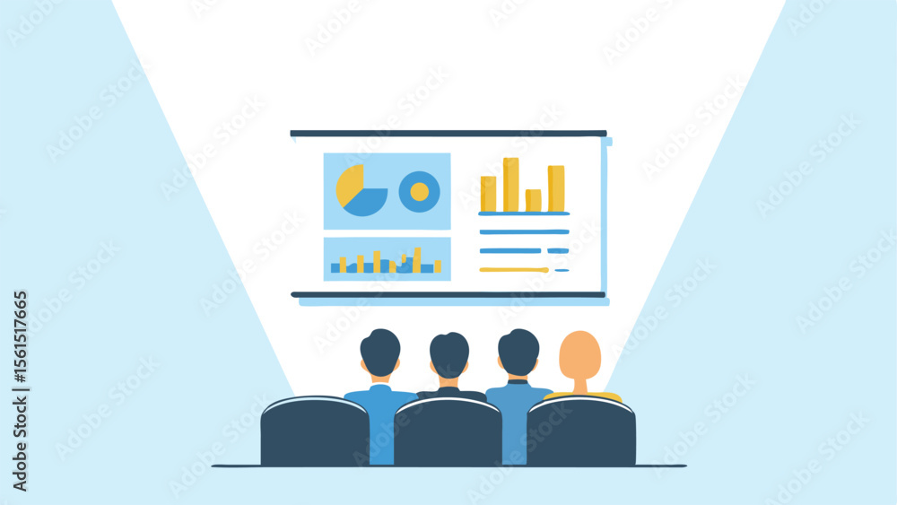 Poster people watching presentation with charts and graphs on a screen in a conference room setting