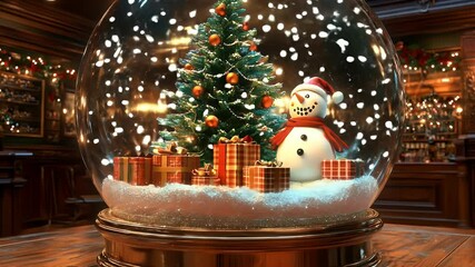 A festive snow globe with a Christmas tree and snowman inside - Powered by Adobe