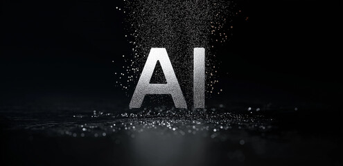 On a black background, tiny light spots drift and scatter around the word "AI", creating a technological and dreamy atmosphere.