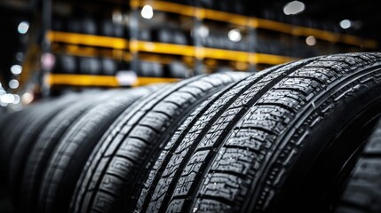 Fototapeta premium Long row of new car tires with detailed tread pattern in automotive warehouse setting.