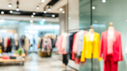 Vibrant abstract blur of a modern clothing boutique in a bustling shopping mall