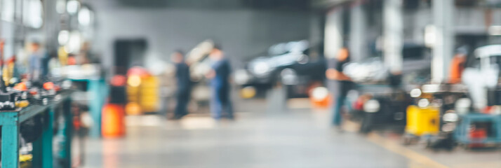 Fototapeta premium Busy car service centre with mechanics working and tools in action