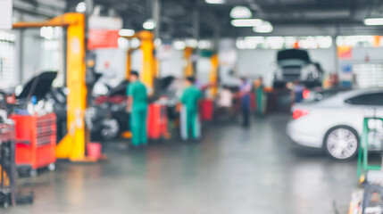 Fototapeta premium Busy car service centre with mechanics working and various tools in soft focus