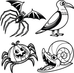 Cartoon vector set of funny sea animals, fish, and insects with tribal design elements