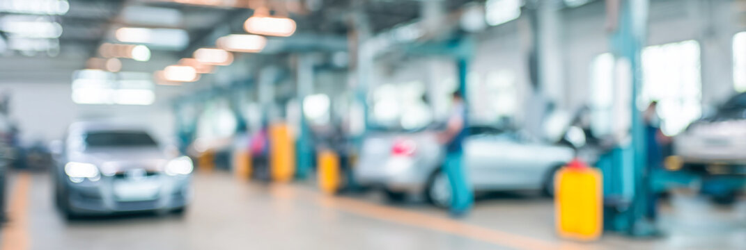 Busy car service centre with mechanics working in a dimly lit auto repair workshop