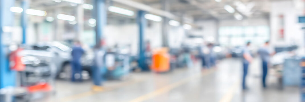 Busy car service centre with mechanics and tools in a blurred atmosphere during daylight hours