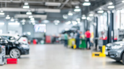 Busy car service centre with mechanics working on vehicles and tools in action