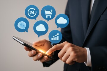 A person interacts with a smartphone displaying digital interface elements.