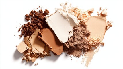 Fototapeta premium Assorted crushed makeup powders and eyeshadow pigments in various shades on white surface.