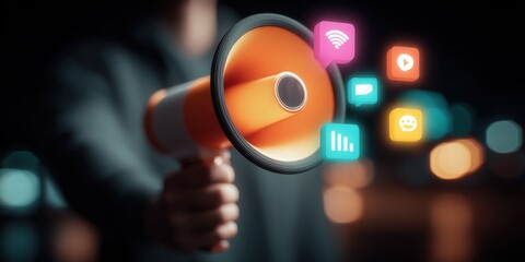 Modern digital marketing concept with megaphone and colorful social media icons.