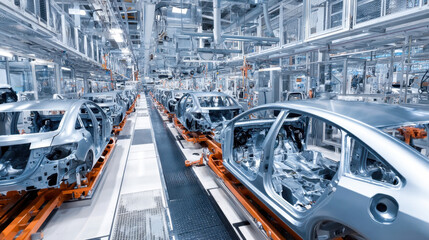 Fototapeta premium Production line in a car manufacturing facility showcasing multiple vehicles in assembly
