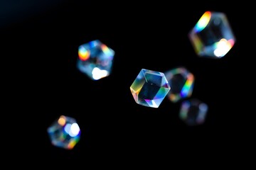 Abstract iridescent glass cubes floating in dark space; vibrant, colorful, and mysterious.