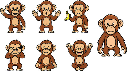 vector illustration of chimpanzee monkey orangutans primal funny cute cartoon mascot character cartoon with 7 poses 