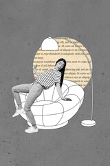 Poster image sketch vertical collage of happy girl stand indoor armchair flower pot freelancer...