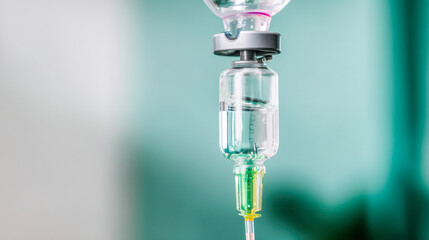 Close-up view of a medical intravenous IV drip in a sterile hospital environment