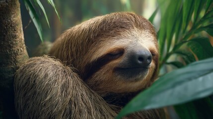 Fototapeta premium Close-up of a Relaxed Sloth resting among lush green tropical jungle foliage.
