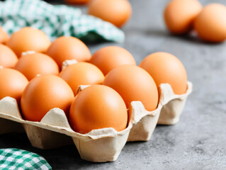 Fresh organic brown chicken eggs in a rustic tray under natural lighting