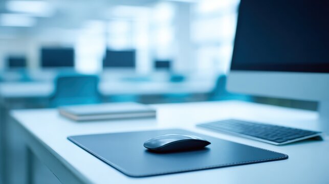 Modern office workspace with desktop computer keyboard mouse and accessories in bright open plan environment.
