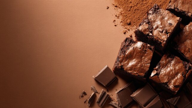 Close-up image of broken chocolate squares and cocoa powder on beige background.