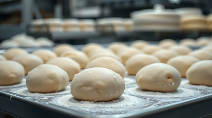 Raw dough balls resting on tray in bakery kitchen