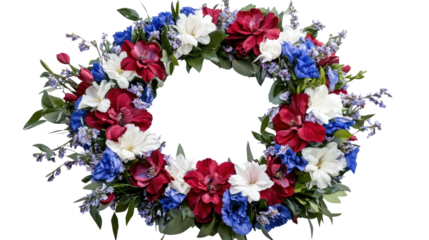 A wreath of red white and blue flowers placed 