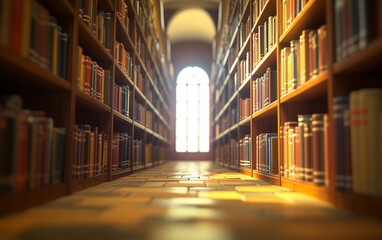 A long view of bookshelf filled with books in a library with bright light