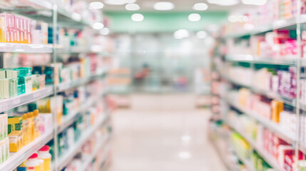 Blurred interior of a pharmacy drugstore showcasing healthcare products on shelves