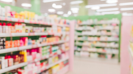 Interior view of pharmacy drugstore shelves displaying health products in a sterile environment