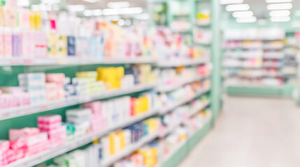 Fototapeta premium Pharmacy drugstore interior with blurred shelves full of healthcare products and medication