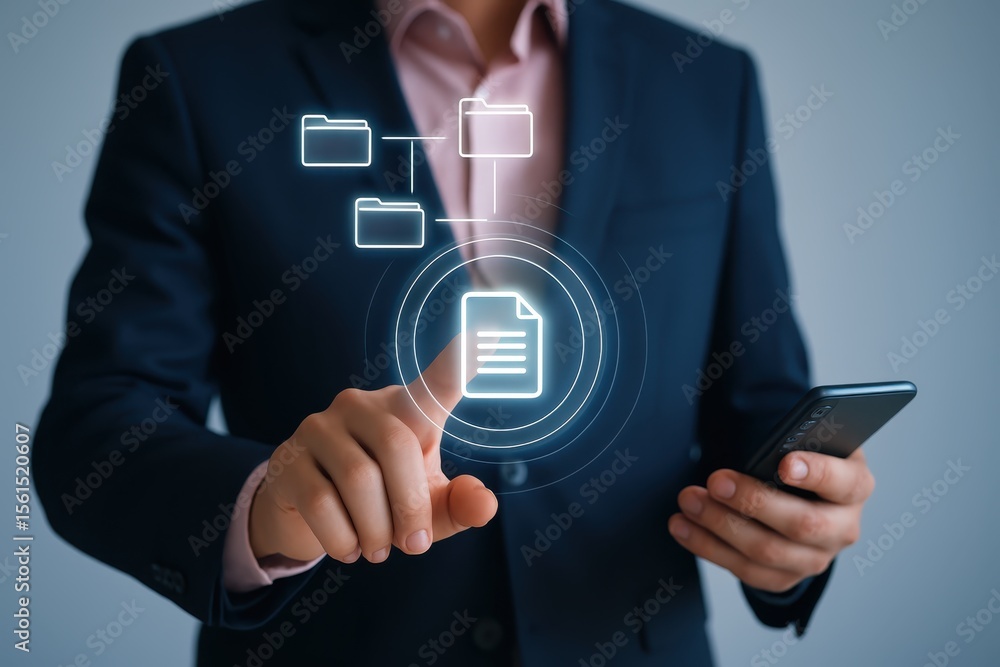 Poster a person interacts with a digital document interface.