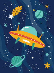 Kids space poster with ufo. Playful cosmic adventure for kids' rooms and educational decor. Bright cartoon style with planets, rockets and friendly creatures.Vector illustration