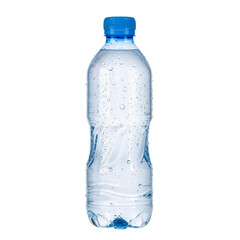 Fototapeta premium Clear Glass Water Bottle with Metallic Cap Against White Background, Radiating Simplicity, Purity, and Natural Refreshment