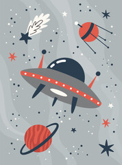 Kids space poster with ufo. Playful cosmic adventure for kids' rooms and educational decor. Bright cartoon style with planets, rockets and friendly creatures.Vector illustration