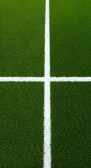 Fototapeta premium Thick horizontal white painted line is running across green grass turf in flat vector illustration, a well-maintained green grass field with a thick white line running horizontally across the center.