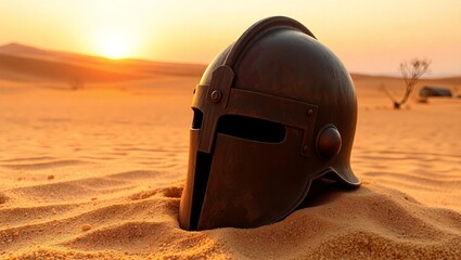a knight's helmet is in the desert