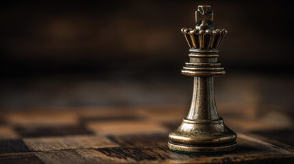 Close-up of a metallic chess king piece on a wooden board with blurred background.