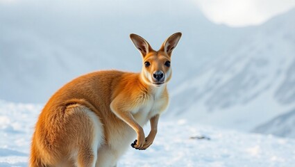 A kangaroo is in the snow mountains