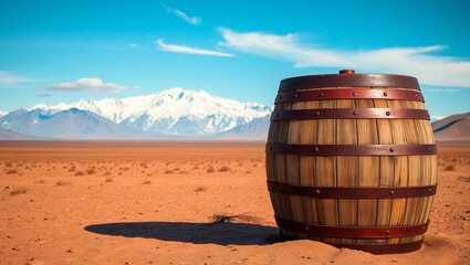 The wooden barrel is in a desert