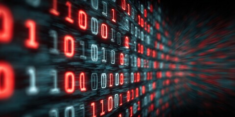 Abstract digital binary code with glowing red and blue numbers and flowing pattern.