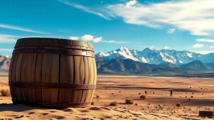 A large wooden barrel is in the desert
