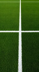 Fototapeta premium a well-maintained green grass field with a thick white line running horizontally across the center. wallpaper, Thick horizontal white painted line is running across green grass turf in flat vector