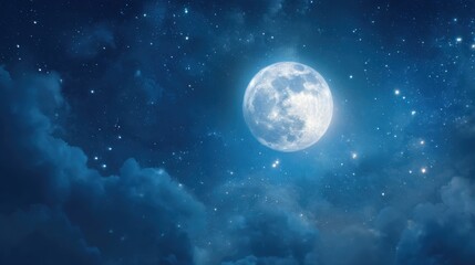 Obraz premium Stunning full moon illuminating a starry night sky over fluffy clouds and mist.