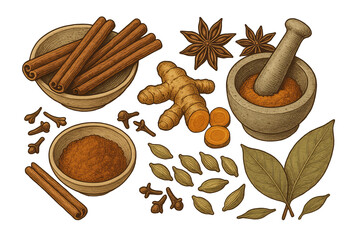 Assortment of aromatic herbs and spices arranged beautifully.