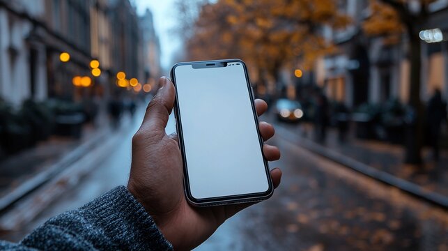 Urban street scene with a person holding a blank smartphone. A hand holds a modern phone with a blank screen in a city setting, blurred background captures the urban environment