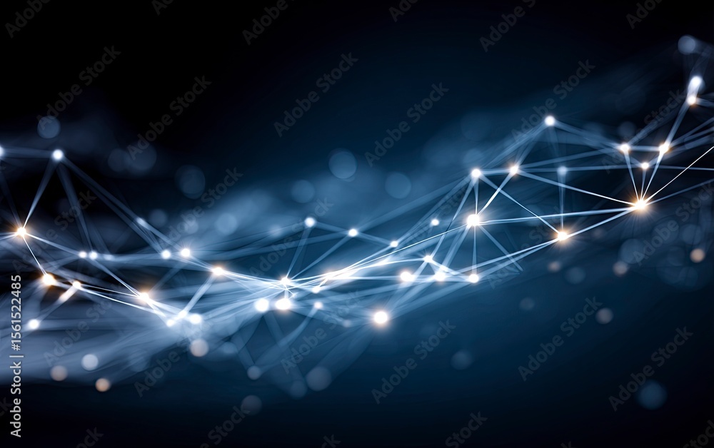 Poster abstract background with glowing lines and dots in the form of network connections or data transfer 