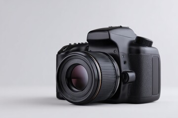 Black DSLR camera body without lens placed on white